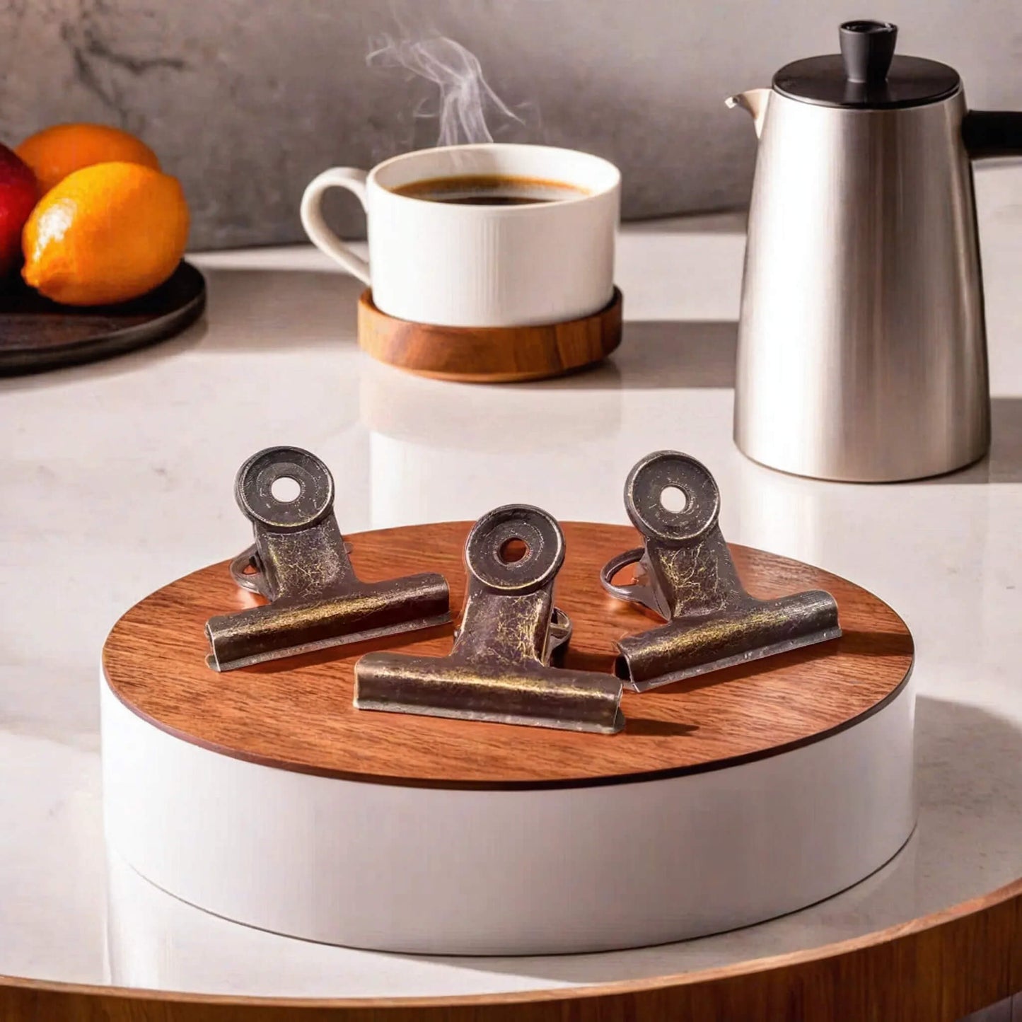 Drei Metallklammern auf einem kleinen Podest umringt von Kaffeetasse und Kaffeekanne, im Hintergrund Orangen.